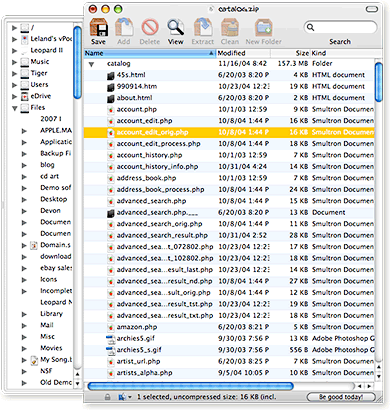 BetterZip's main window with the file browser drawer showing.