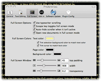 Preferences for Full Screen Editing in WriteRoom