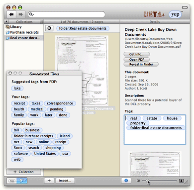 Yep's document details view with tag suggestions pane