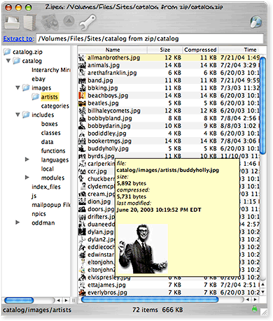 Zipeg's window showing instant file detail/image previews. Metal window is an option.